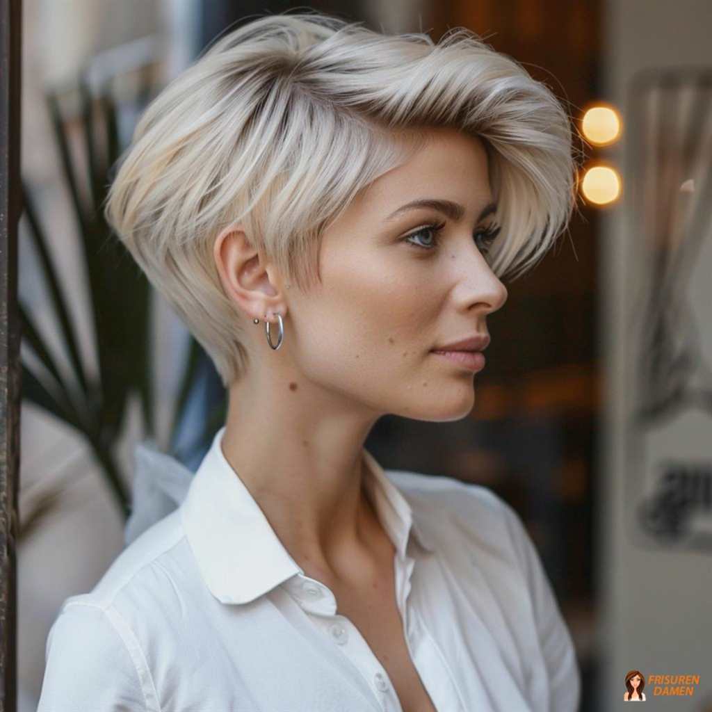 Asymmetrischer Platin-Look für Frauen ab 60 ohne Brille mit moderner Eleganz