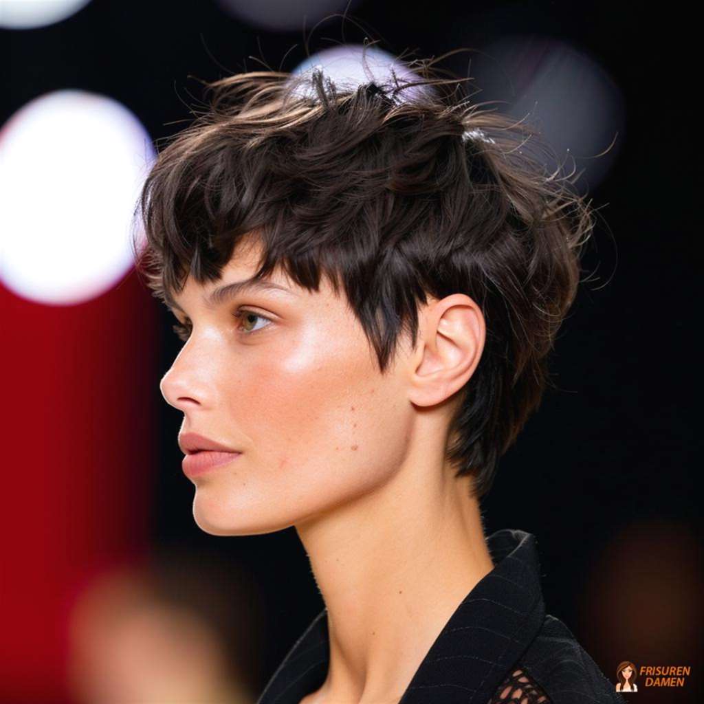 Asymmetrischer dunkler Pixie-Cut für Damen mit moderner Linienführung