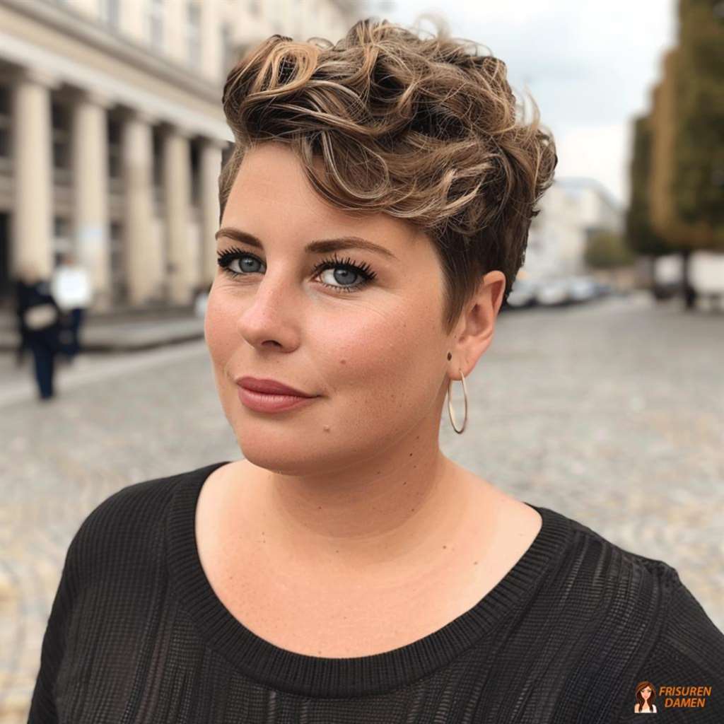 Asymmetrischer Pixie für mollige Frauen, trendiger Touch und streckender Effekt
