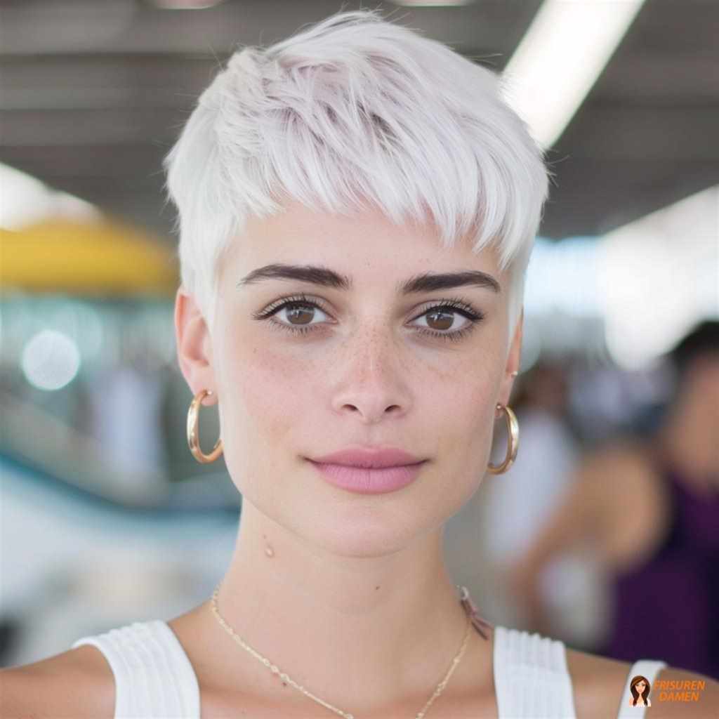 Blonder Pixie für Frauen mit geradem Pony, klarer Linie und frischem, wacheren Ausdruck