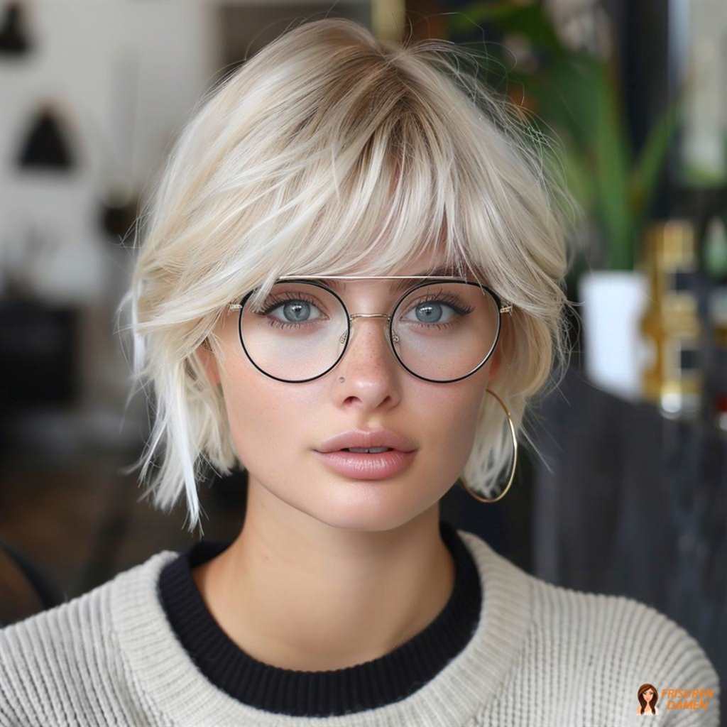 Blonder Bob für Frauen ab 60 mit Brille, modern und leicht zu stylen