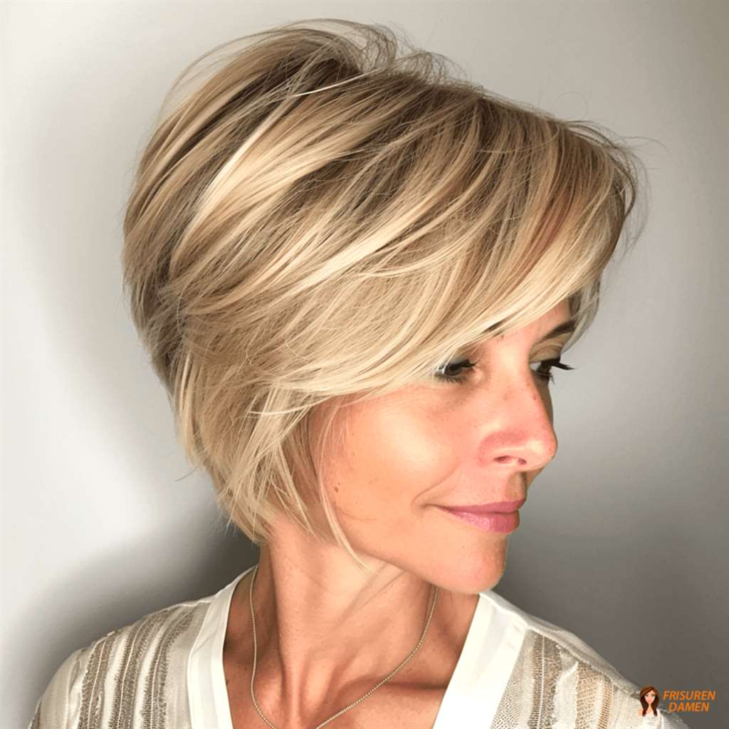 Blonder Kurzhaarschnitt mit sichtbarem Volumen und frischem Ausdruck