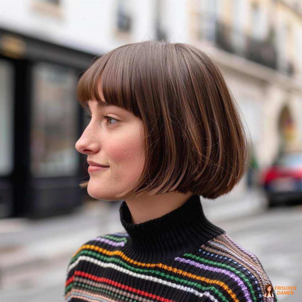 Bob mit geradem Pony für Frauen, klarer Look mit betontem Augenrahmen und modernem Effekt