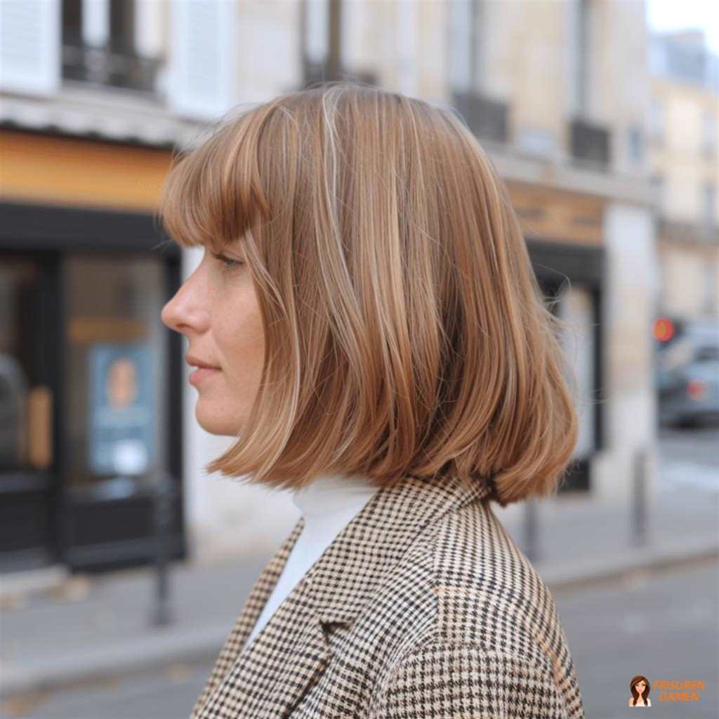 Braune Haarfarbe für Frauen im Bob mit geradem Pony, klarer Linie und stilvollem Ausdruck