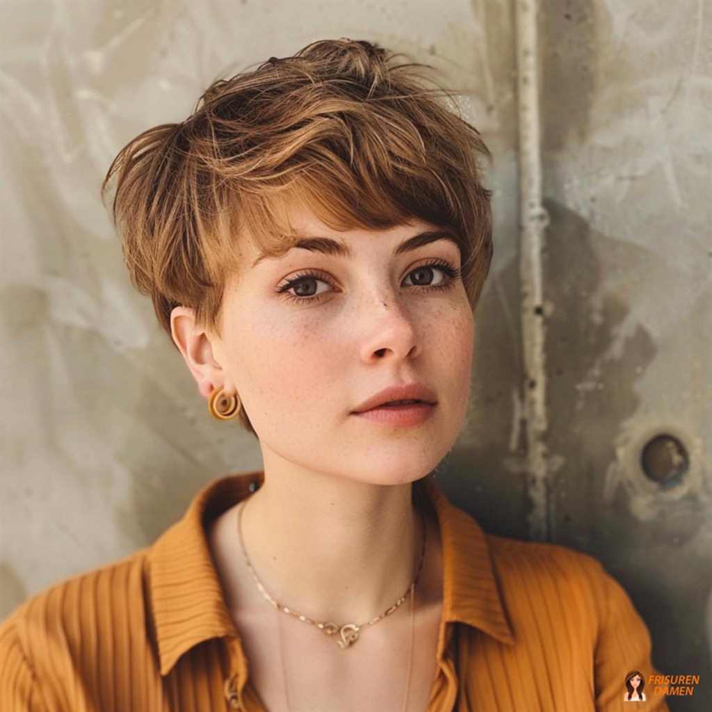Kurzhaarfrisur mit Retro-Welle und Pony, die feminin wirkt und die Augen betont