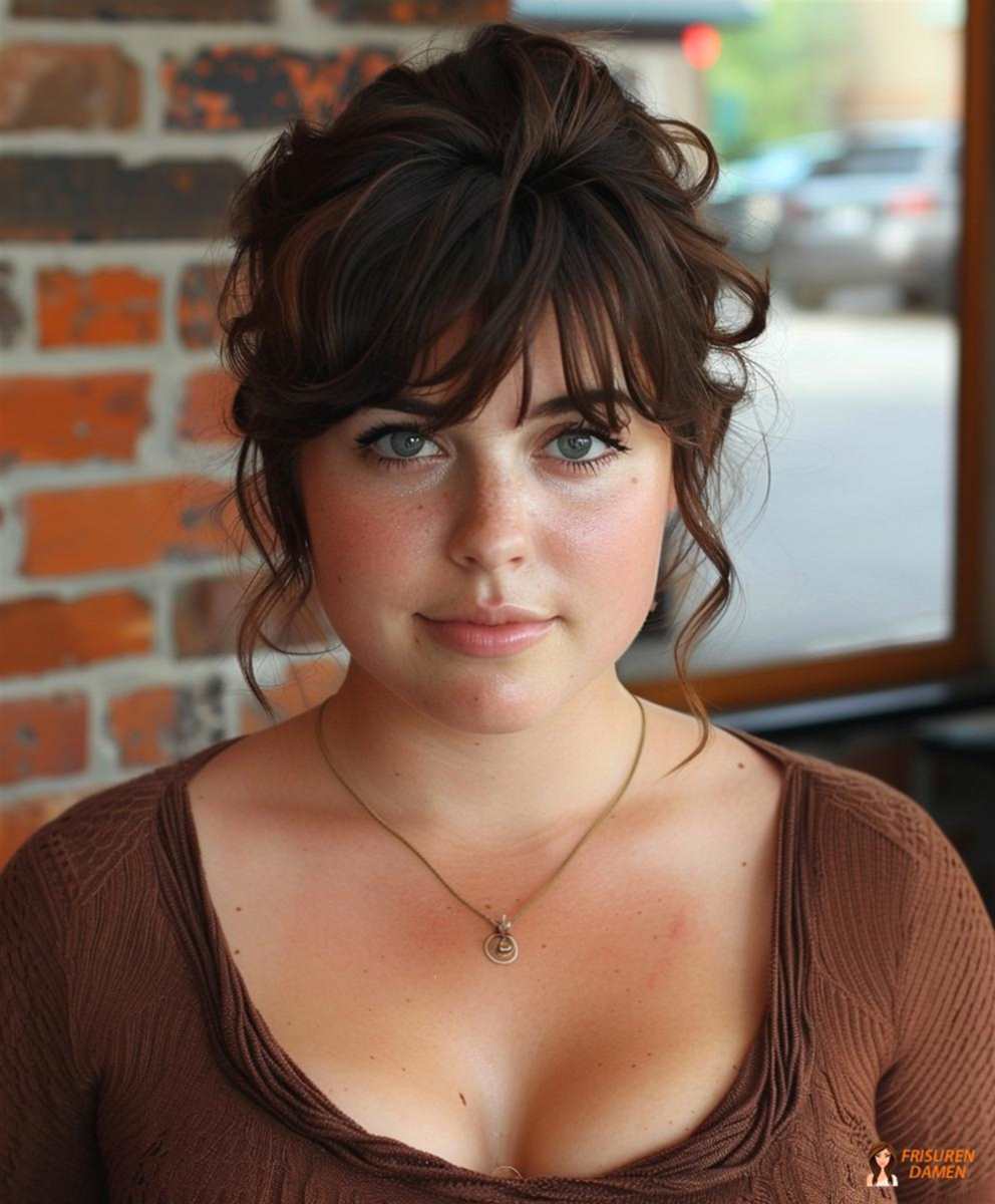 Hochsteckfrisur mit luftigem Pony für Frauen mit rundem Gesicht