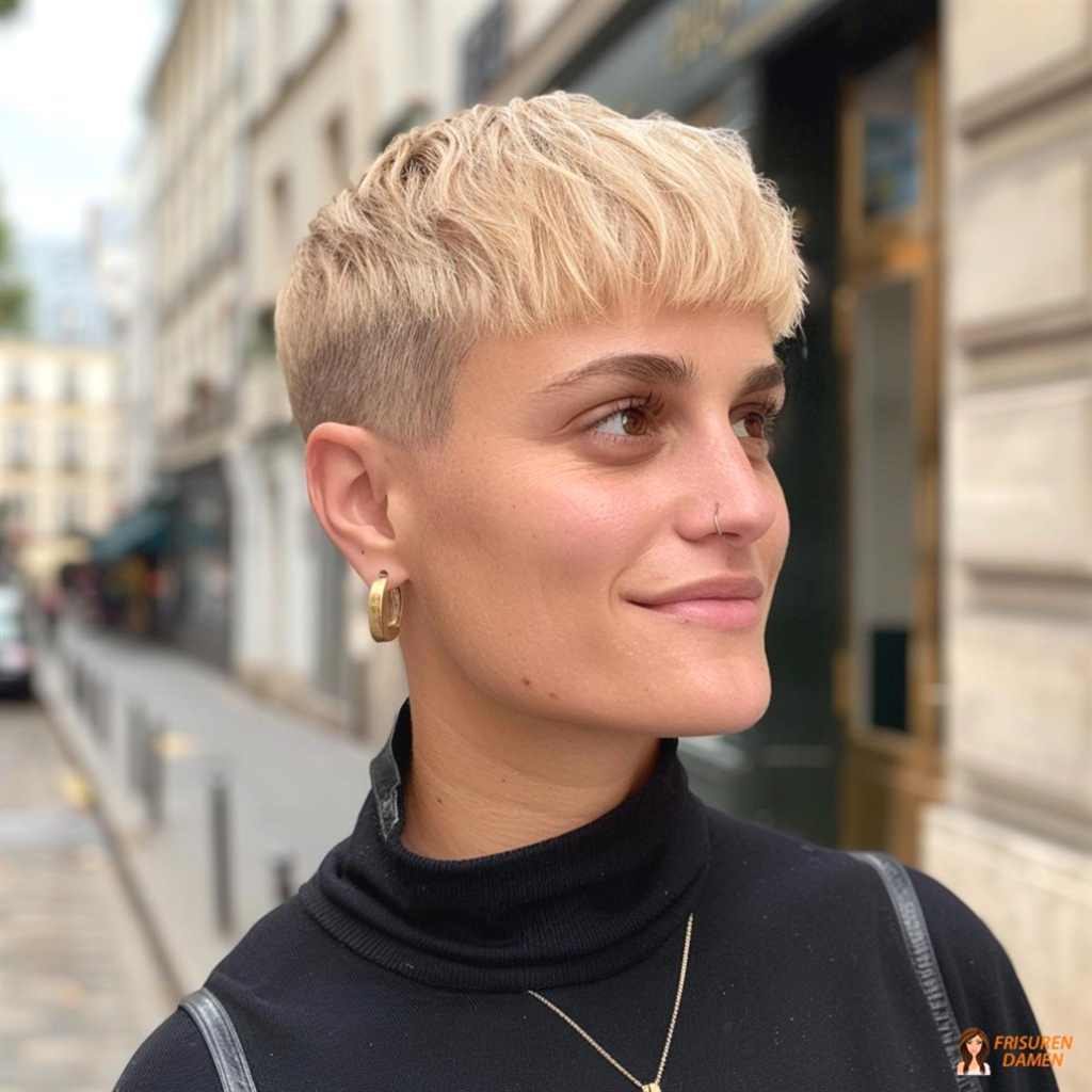 Blonder Undercut für Frauen mit Pony und weichem Verlauf am Oberkopf