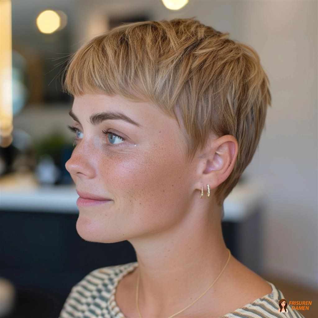 Karamellblonder Kurzhaarschnitt für Frauen mit warmem Strahlen und weicher Ausstrahlung