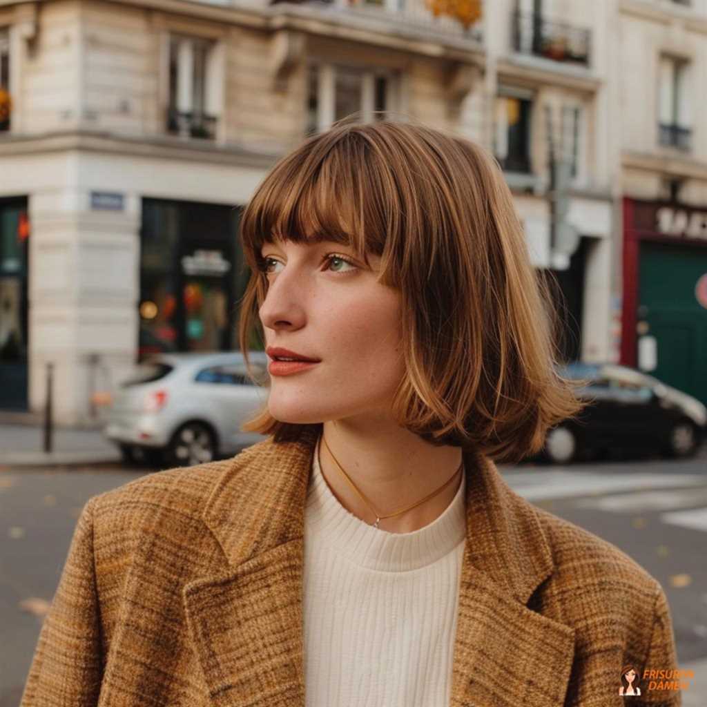 Braune Haarfarbe für Frauen im klassischen Bob mit Pony, klarer Form und elegantem Stil