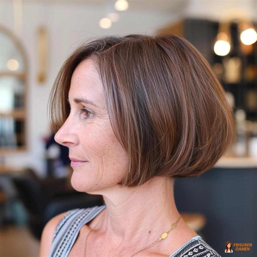 Glatte Bob Frisur für Frauen ab 50 mit feinem Haar, Mittelscheitel und ruhiger Eleganz-Effekt