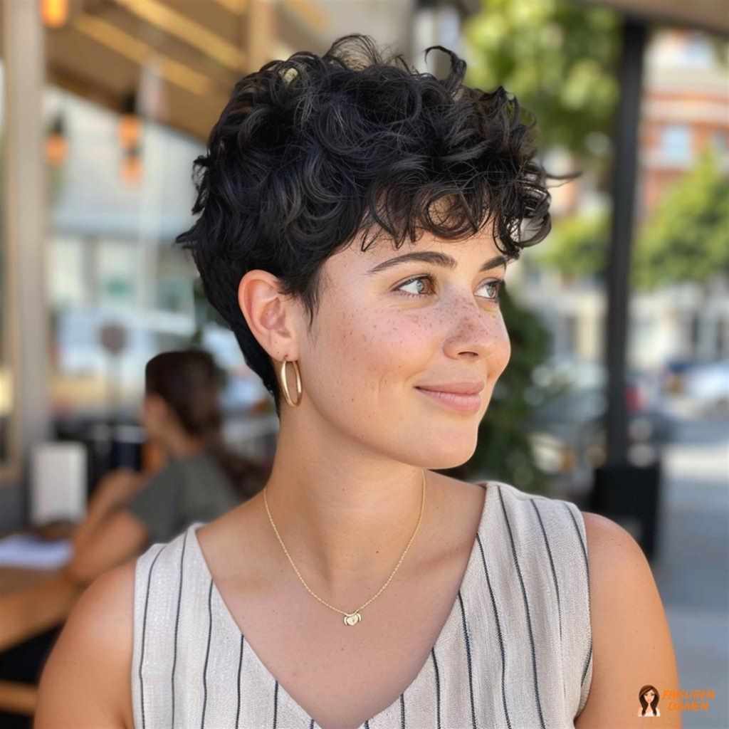 Lockiger Kurzhaarschnitt mit natürlicher Sprungkraft und weicher, klassischer Kontur