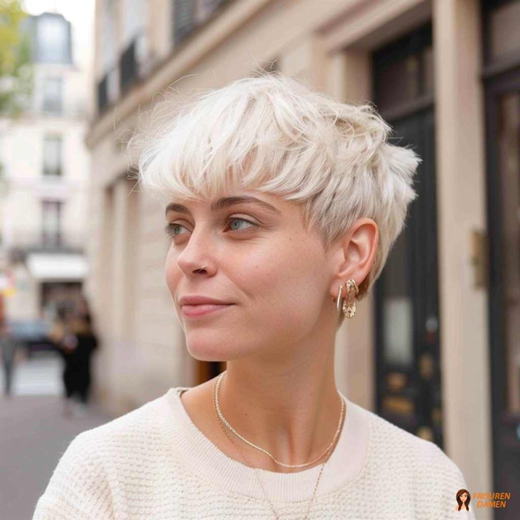 Platinblonder Kurzhaarschnitt für Damen mit strahlendem Effekt und klarer Form