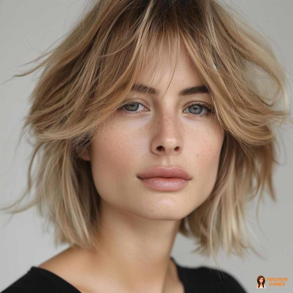 Sanfter blonder Layered Bob mit fransigen Stufen für Frauen