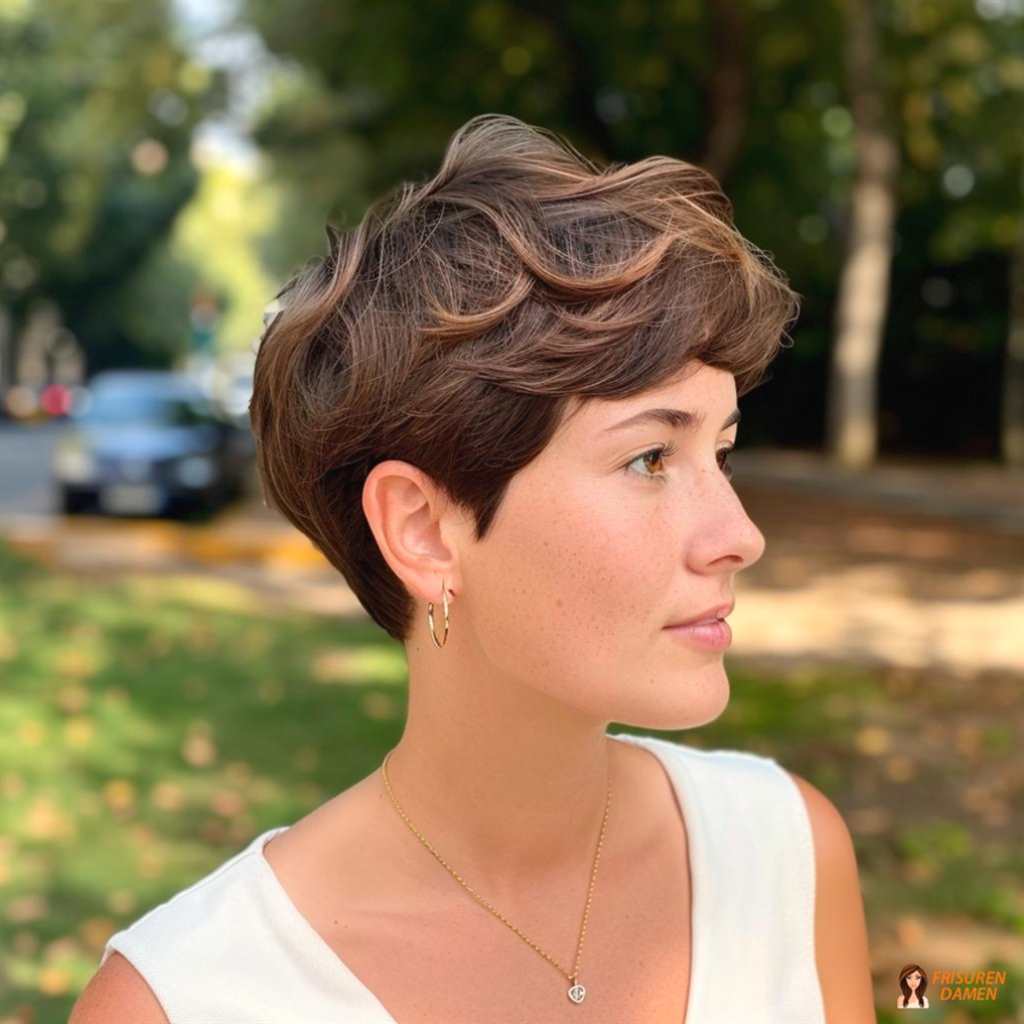 Seitlich gestylter Kurzhaarschnitt mit zusätzlichem Volumen und klassischer Eleganz