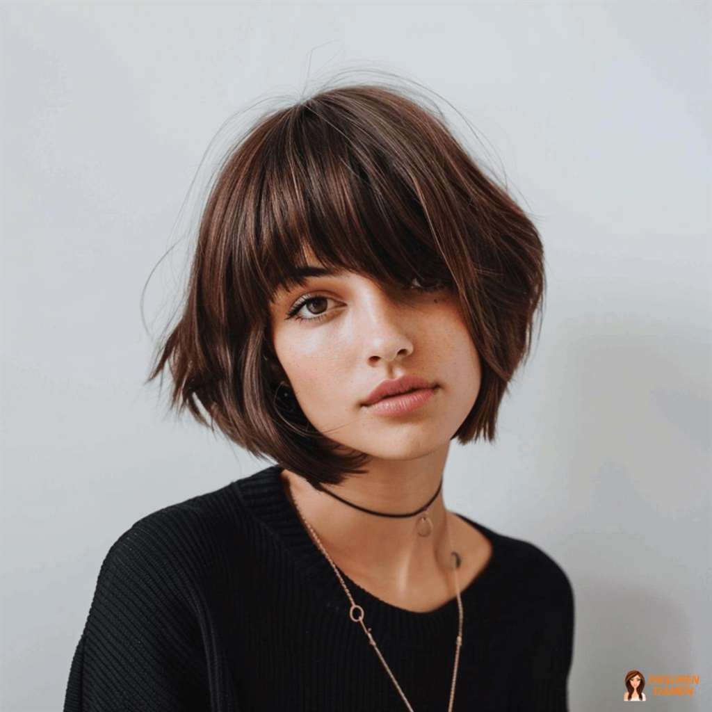 Soft Brown Bob mit Pony und feinen Highlights für Frauen