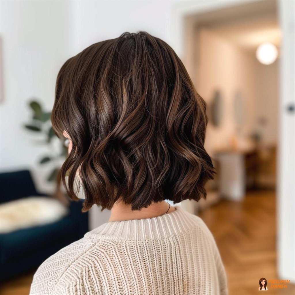 Braune Haarfarbe für Frauen im Wavy Bob mit moderner Textur und stilvollem Glow