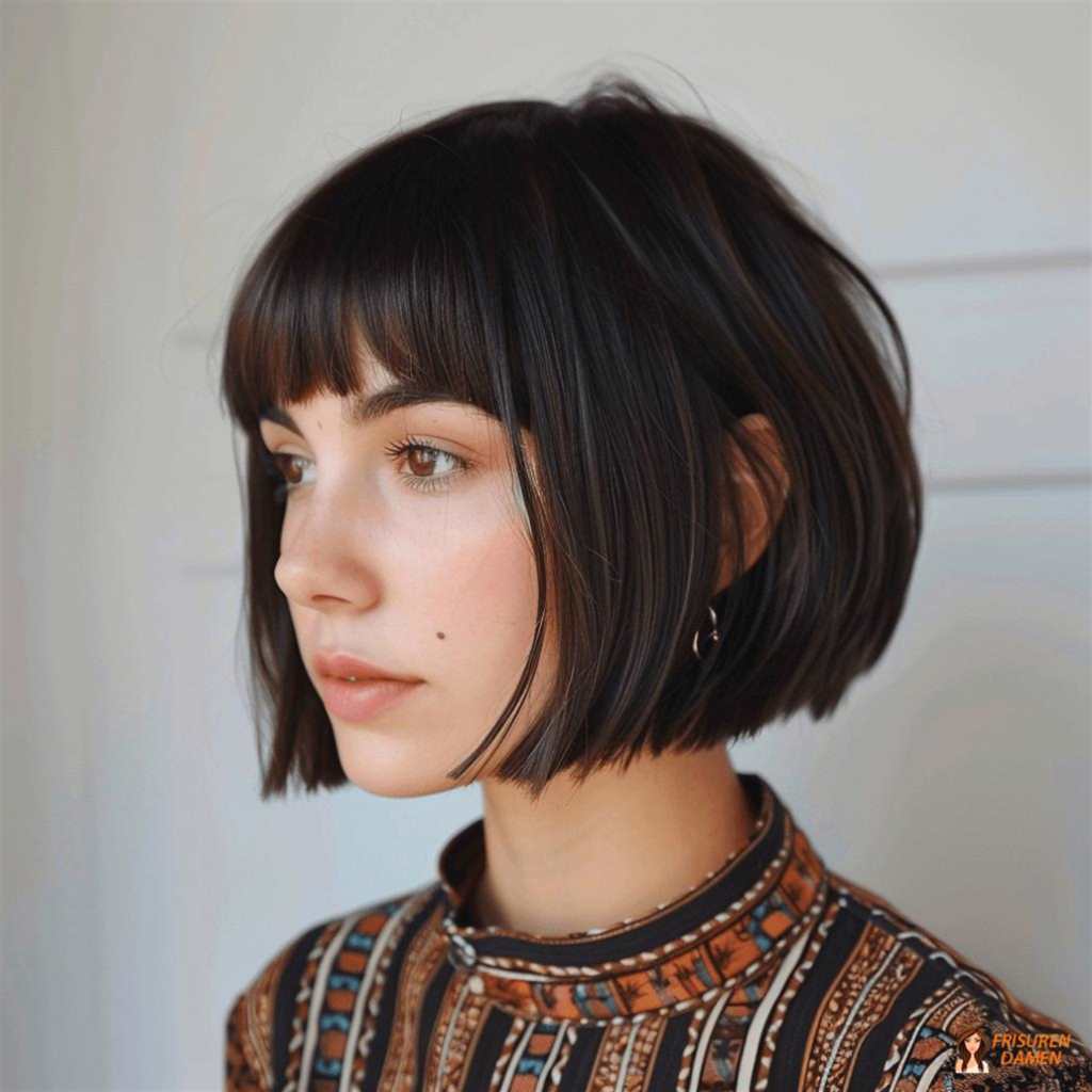 Wuscheliger dunkelbrauner Bob mit Pony für Frauen