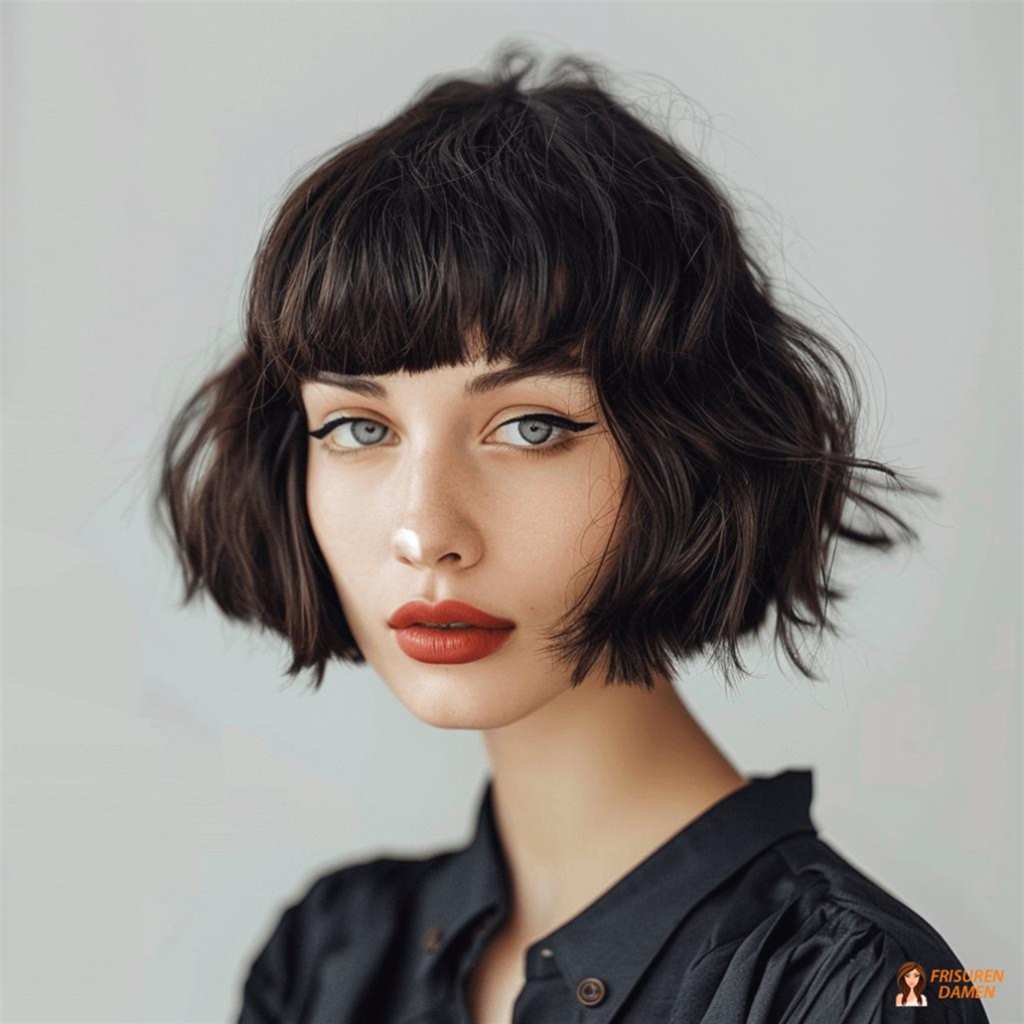 Dunkler Locken Bob mit Pony für Frauen mit lockigem Haar