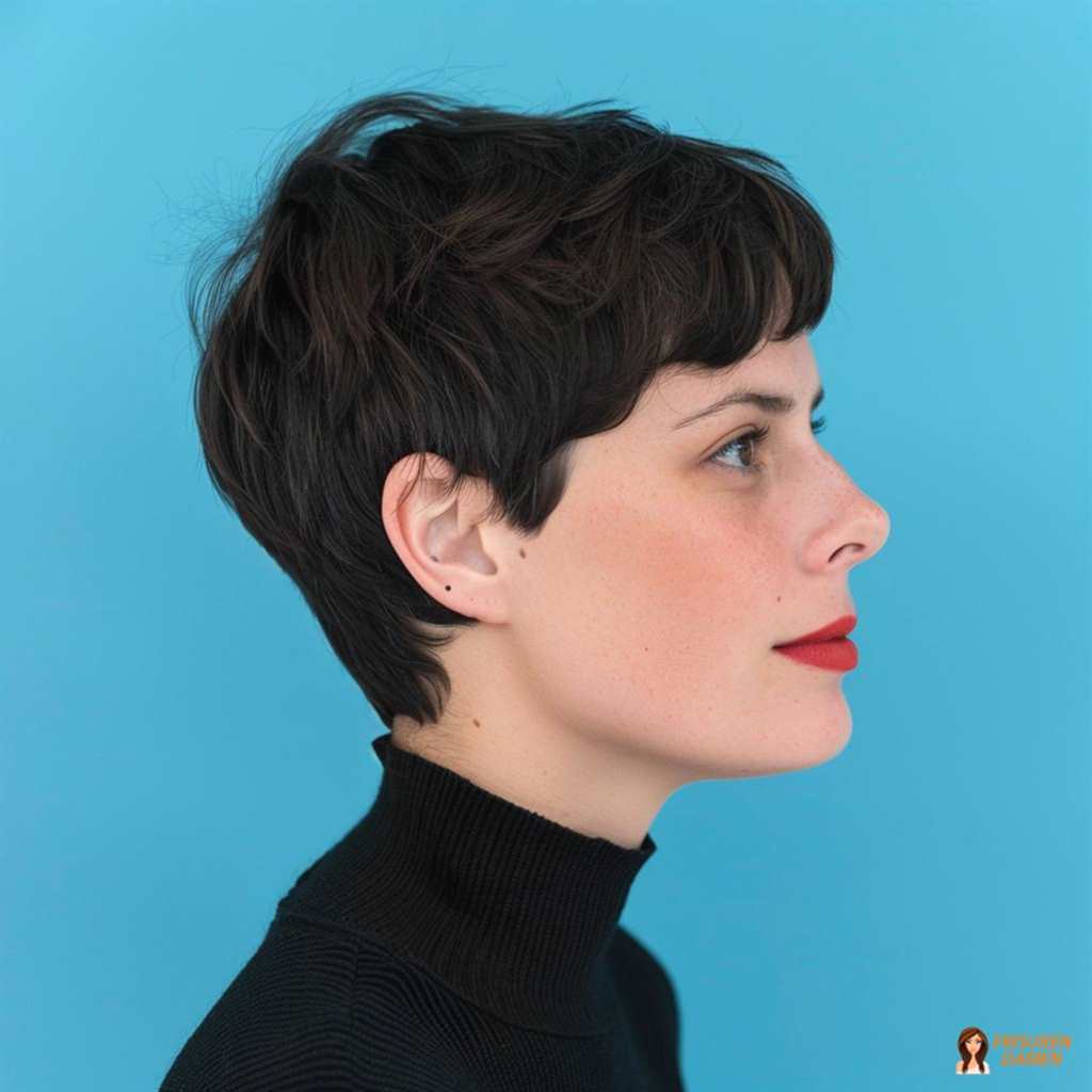 Dunkler Pixie Cut für Frauen mit natürlicher Kontur, ruhiger Ausstrahlung und stilvollem Profil