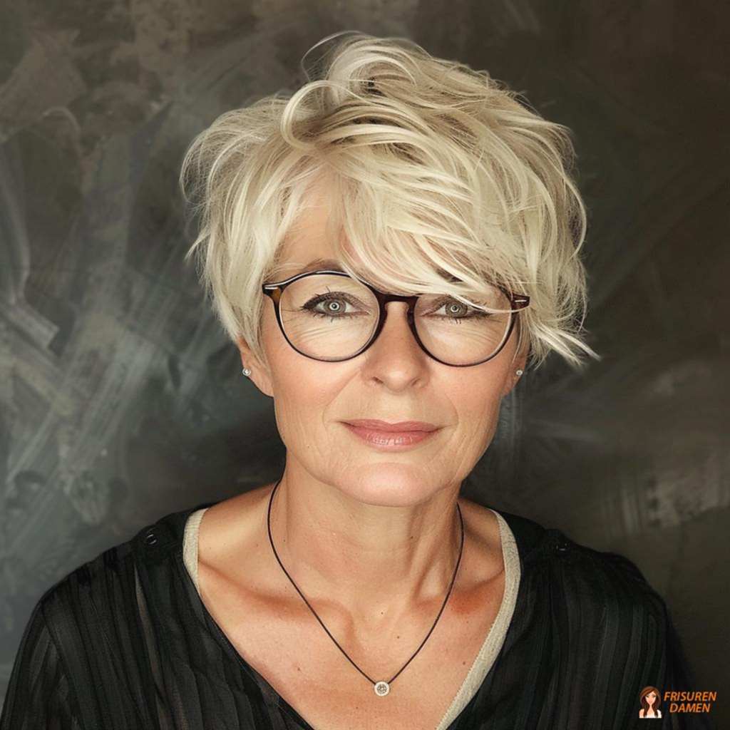 Dynamische Kurzhaarfrisur für Frauen ab 60 mit Brille und lebendiger Textur