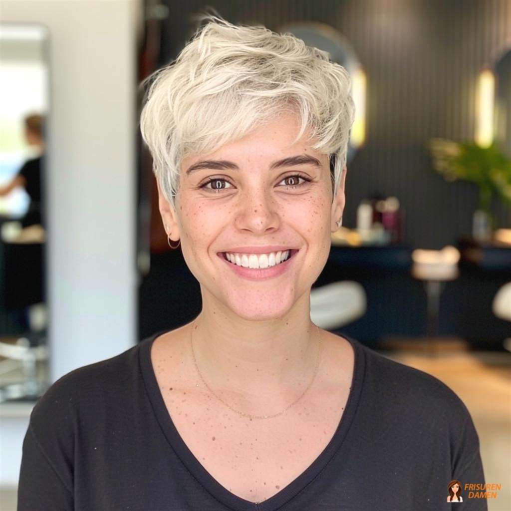 Edgy Platin-Pixie mit betonter Textur und moderner, kantiger Silhouette