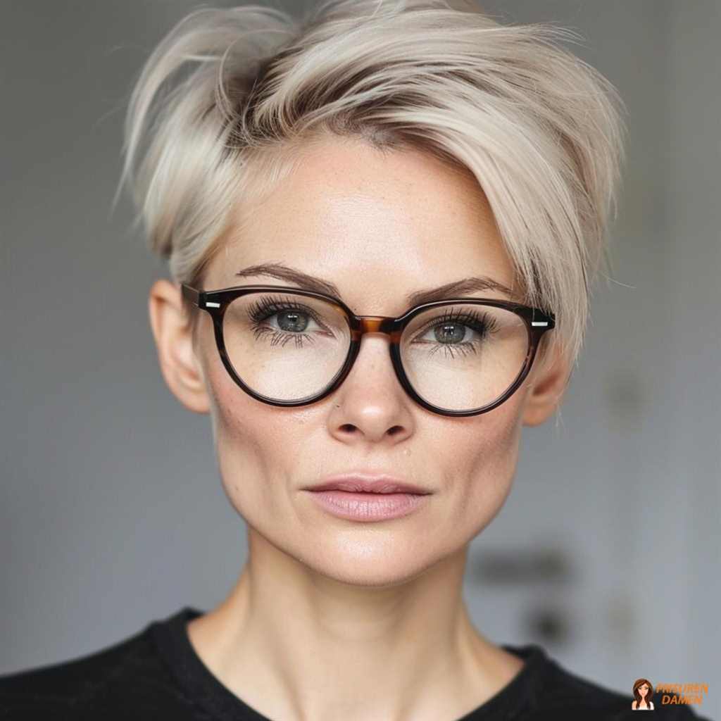 Elegant geföhnter Bob ab 60 mit weichen Konturen und gepflegtem Glanz, ideal auch mit Brille