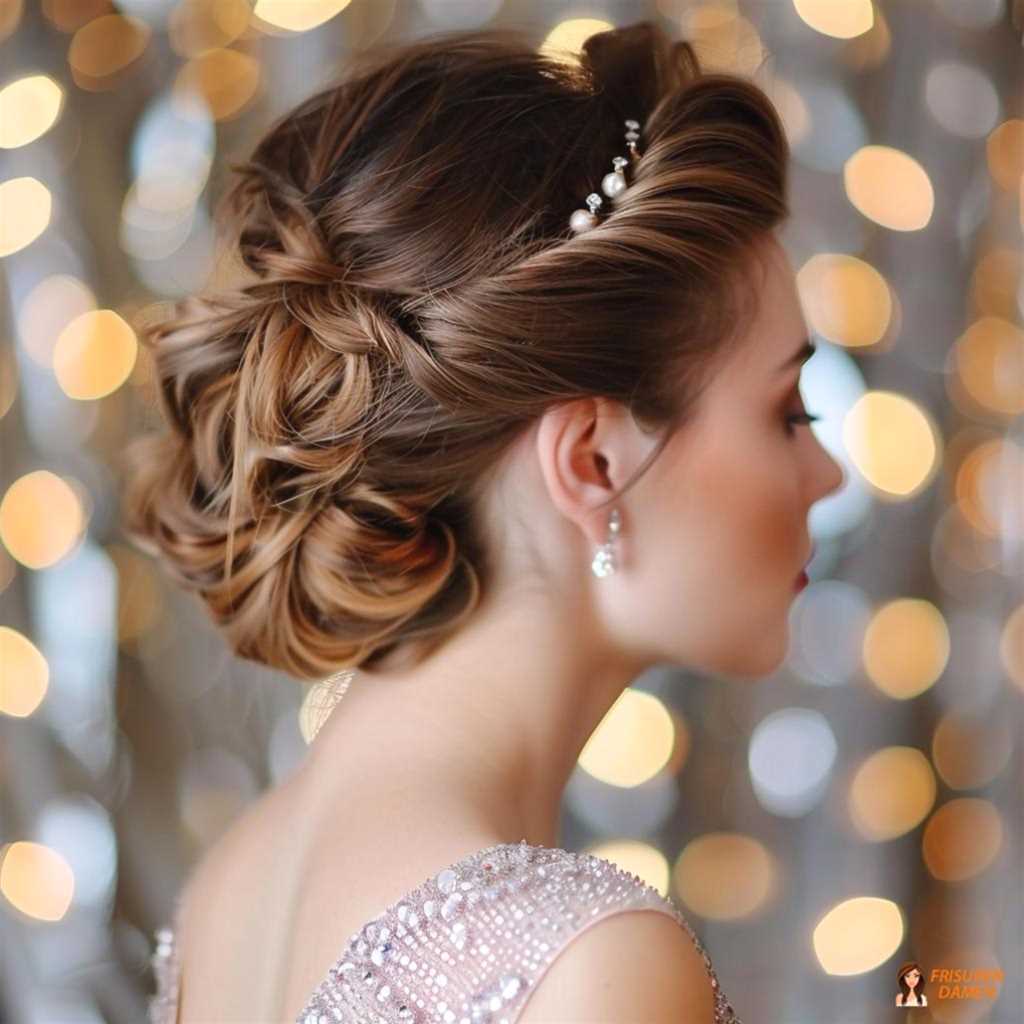 Elegante Hochsteckfrisur mit Perlen für Frauen ab 30, festlicher Stil mit edlem Effekt