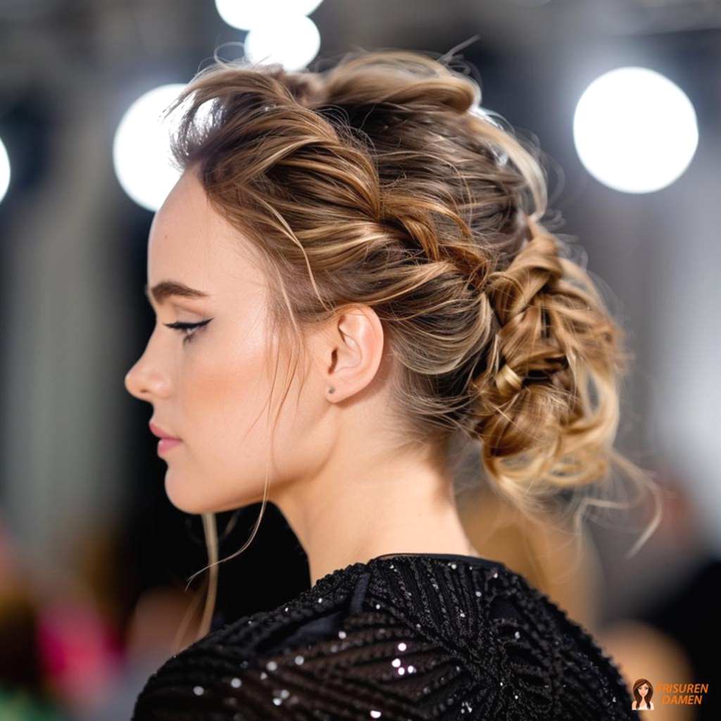 Elegante Hochsteckfrisur mit Zöpfen für Frauen ab 30, kunstvoller Stil mit edlem Effekt