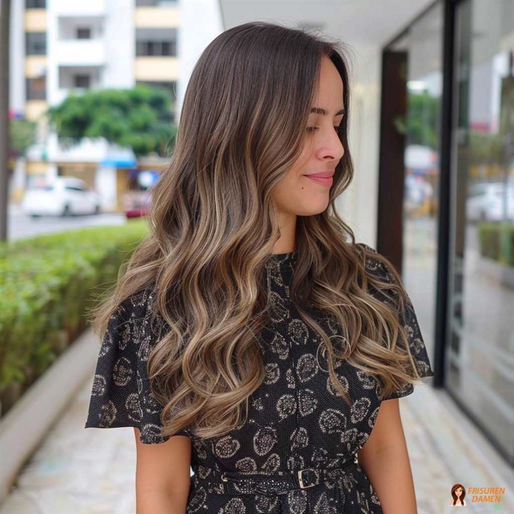 Braune Haarfarbe für Frauen mit Balayage-Highlights, langen Wellen und elegantem Luxus-Finish