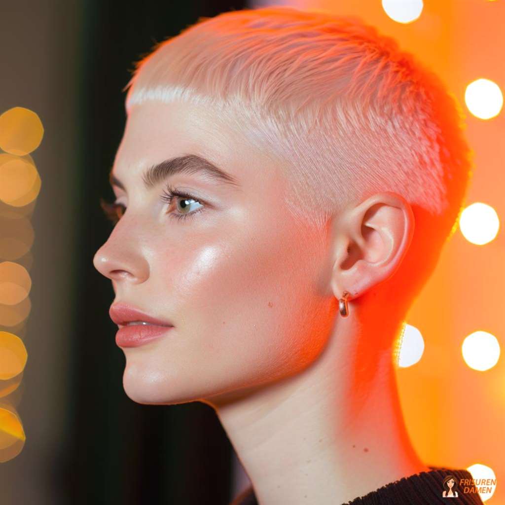 Eleganter Platin-Buzz Cut mit sauberer Kontur und weichen Übergängen für edlen Look