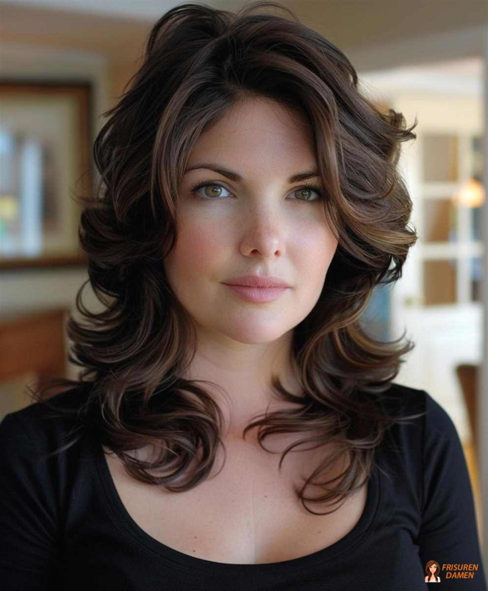 Elegante Wellenfrisur mit Fülle am Oberkopf für rundes Gesicht