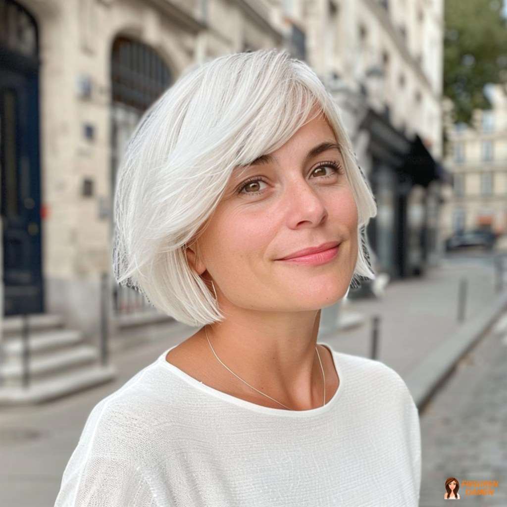 Eleganter asymmetrischer Bob für Frauen über 50 mit moderner Silhouette