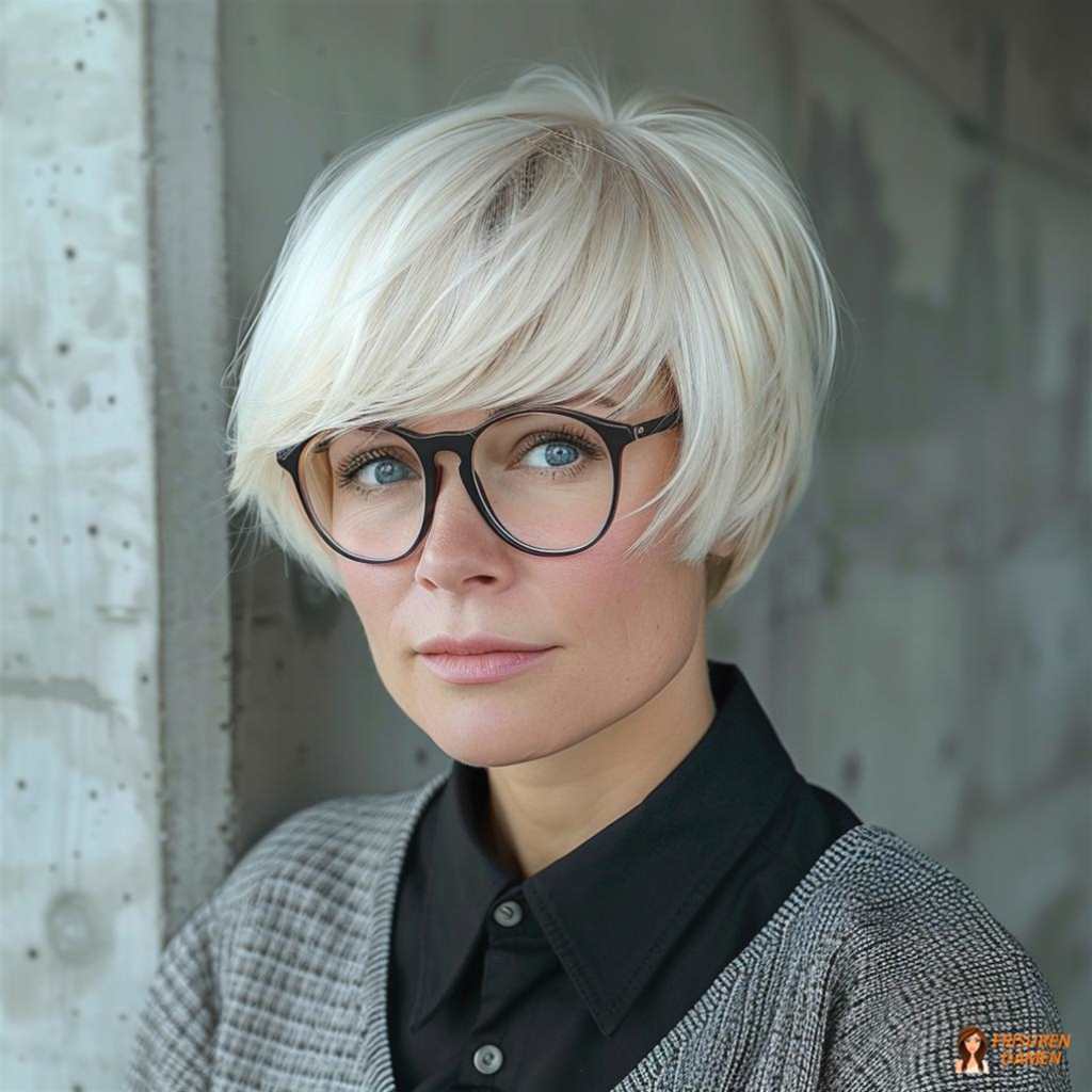 Eleganter Blunt Bob ab 60 mit Pony, der klare Linien mit weicher Ausstrahlung verbindet und modern wirkt