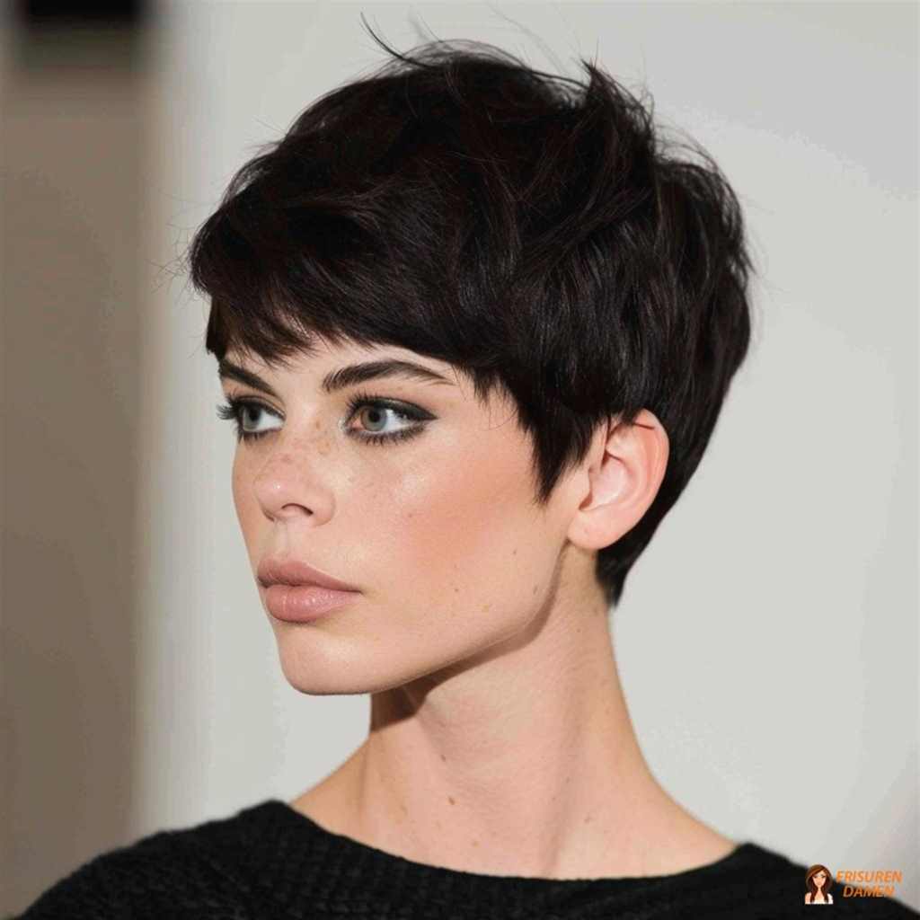 Eleganter dunkler Pixie mit klarer Silhouette und sanft texturierter Oberfläche