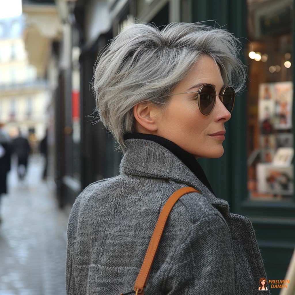 Eleganter grauer Pixie Cut für Frauen ab 50
