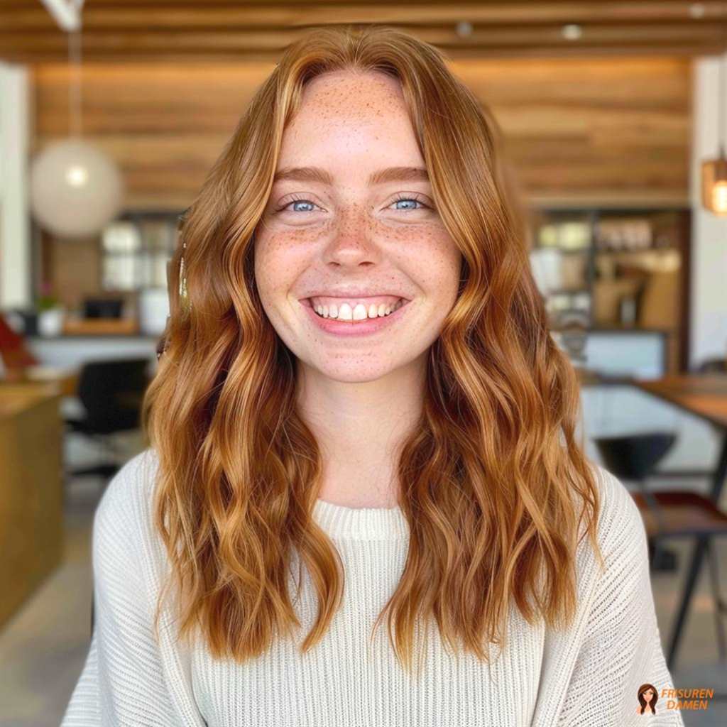 Warme Braun-Rosé-Nuance für Frauen mit weichen Wellen und strahlendem, jugendlichem Effekt