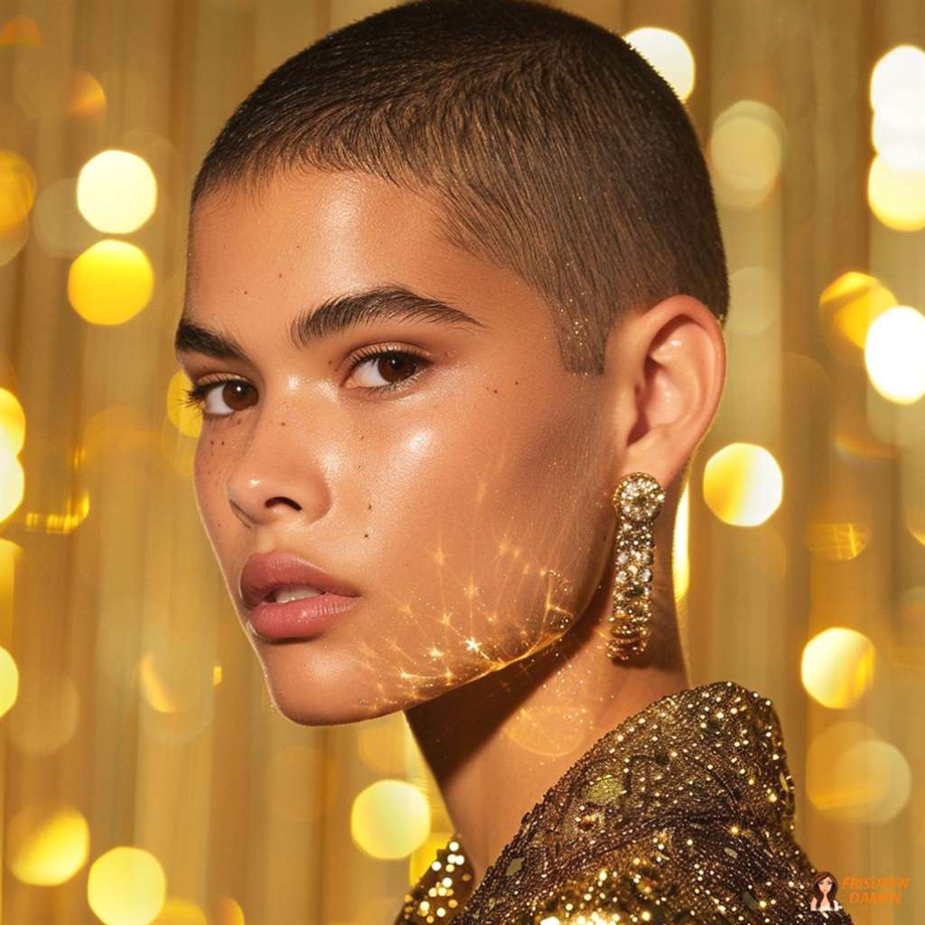 Sehr kurzer Buzz Cut mit glamourösem Finish und betonter, eleganter Ausstrahlung