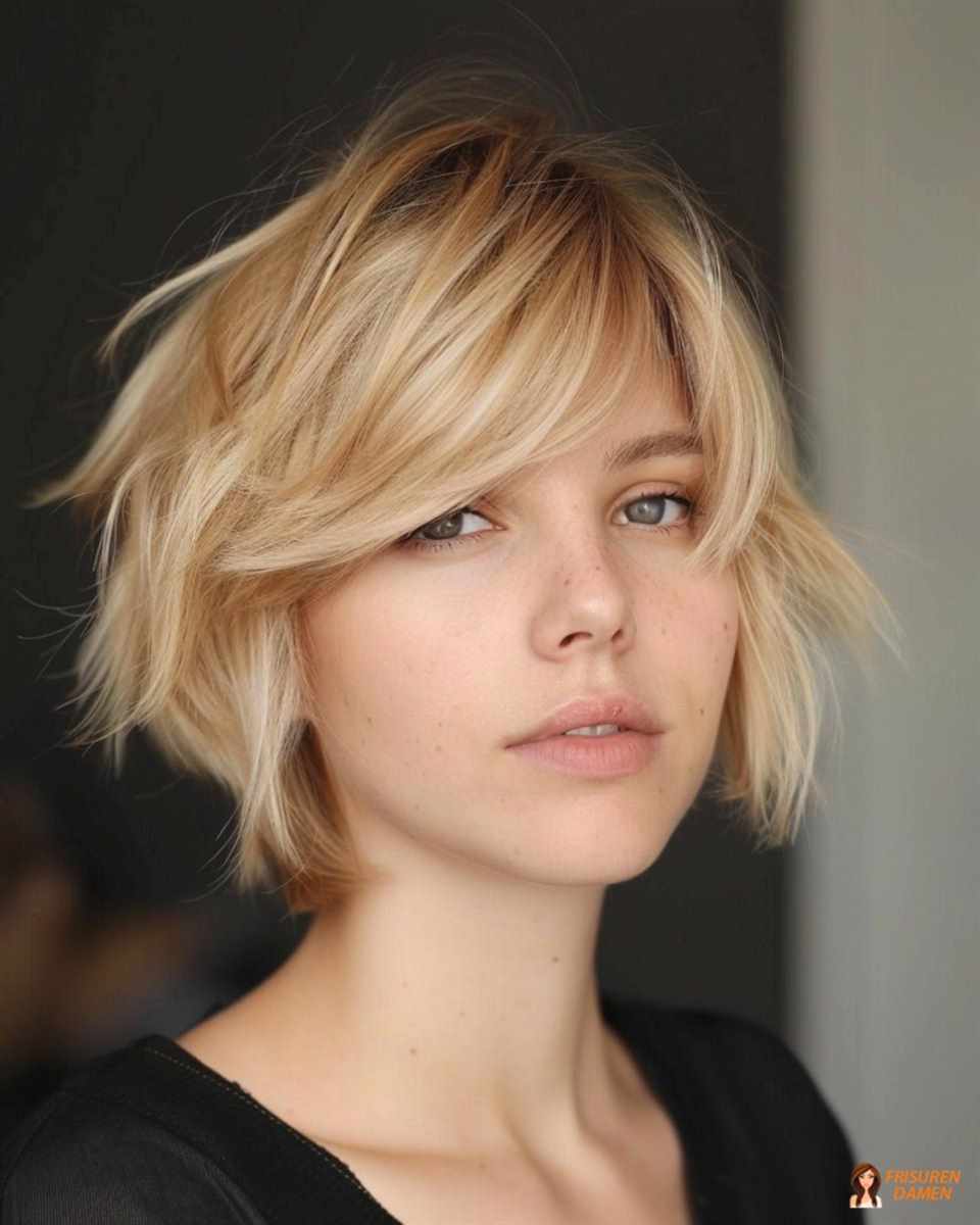 Frecher blonder Bob mit Pony für Frauen, luftig und modern gestylt