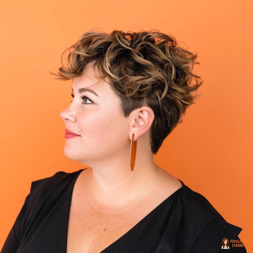Frecher lockiger Pixie-Schnitt für mollige Frauen, mutig und streckend