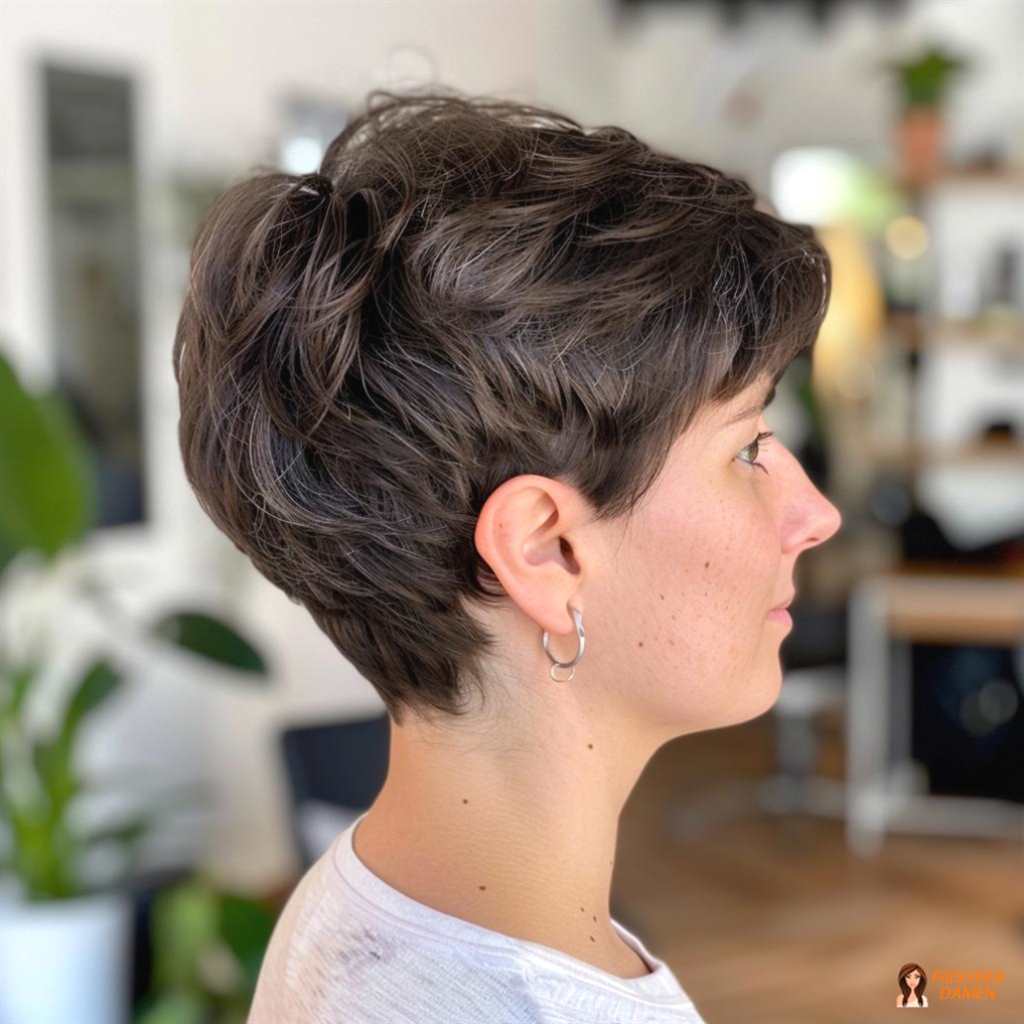 Braune Haarfarbe für Frauen im frechen Pixie Cut mit moderner Kante und frischem Lifting-Effekt