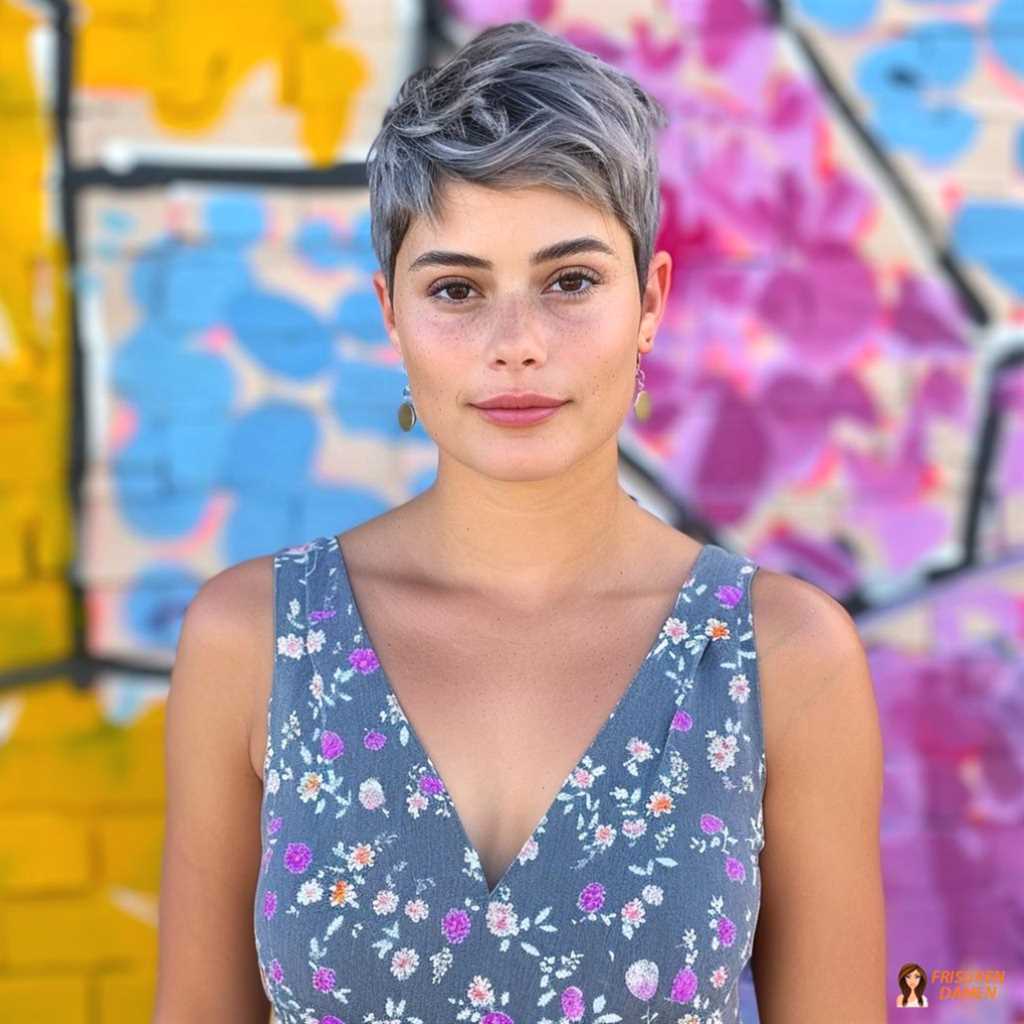 Frecher Pixie Cut für Frauen mit grauen Akzenten, lebendiger Textur und selbstbewusstem Glow