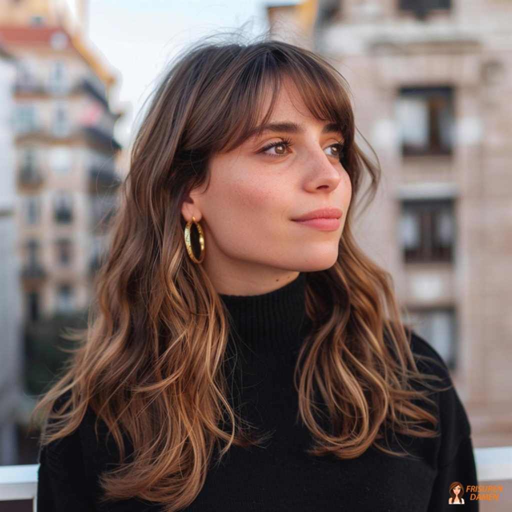 Braune Haarfarbe für Frauen im French-Chic-Stil mit Pony, weichem Rahmen und elegantem Ausdruck