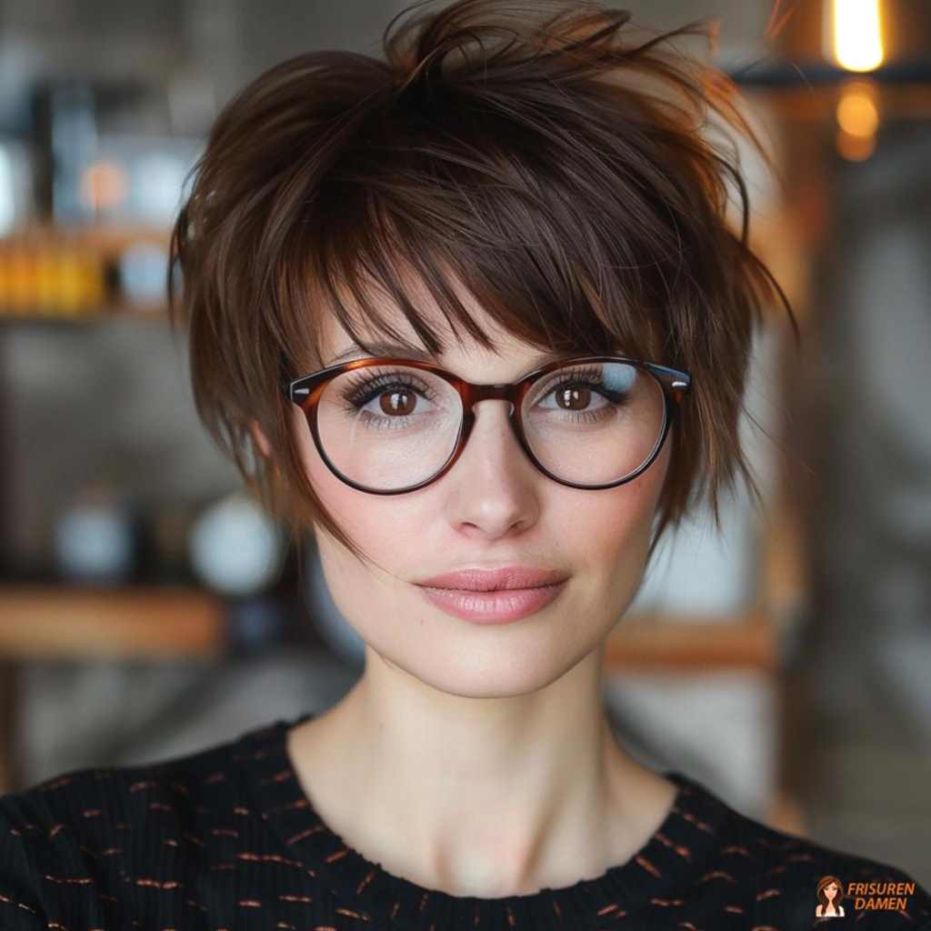 Frischer Pixie-Schnitt für Frauen ab 60 mit Brille, der die Augen betont