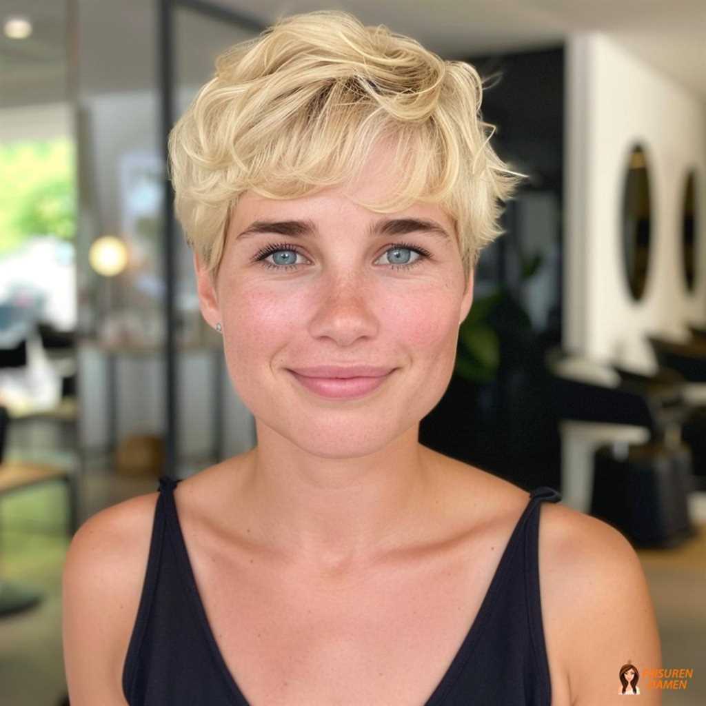 Frischer platinblonder Kurzhaarschnitt mit modernem Finish und gepflegter, weicher Silhouette