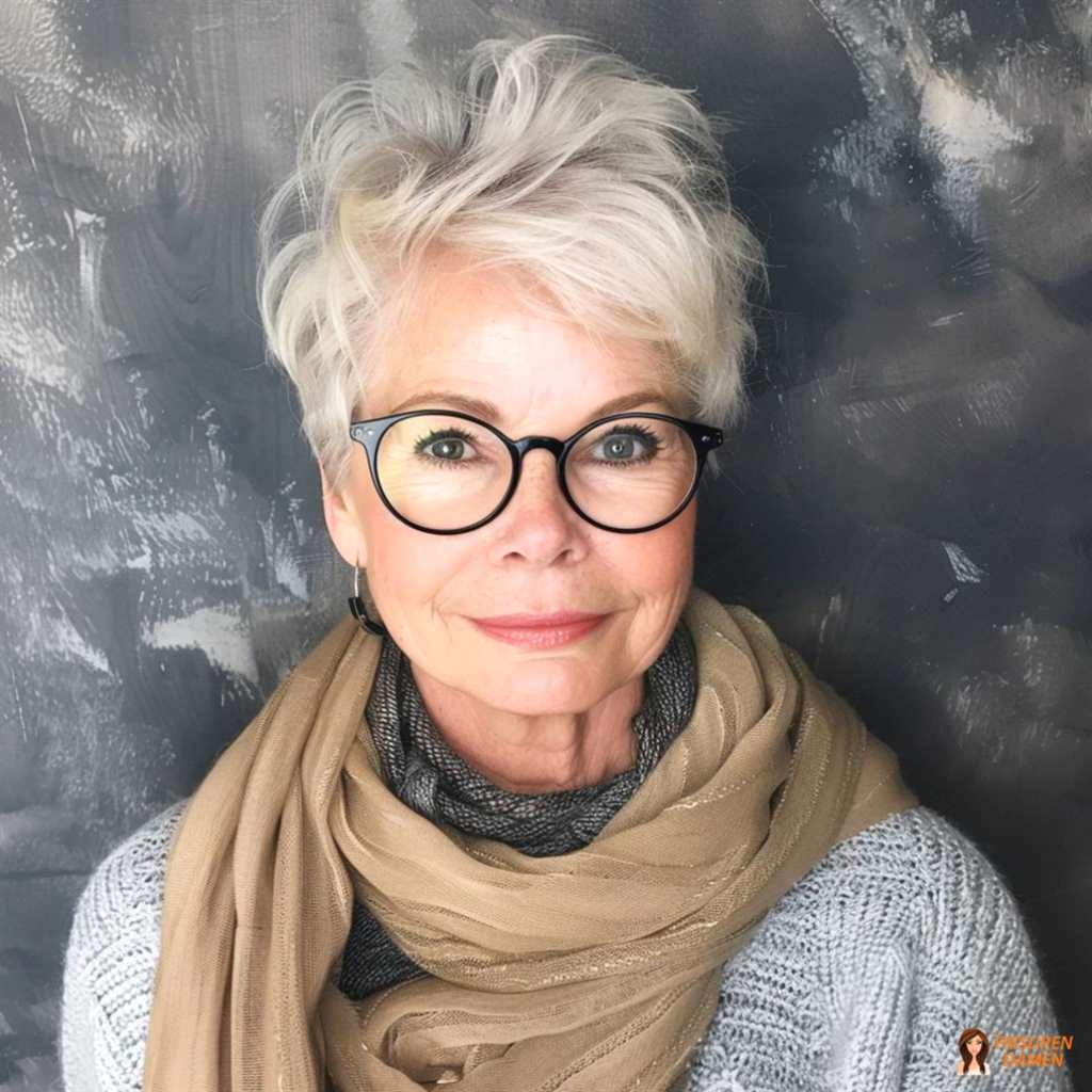 Frisurenidee für Frauen ab 70 mit Brille, die die Augenpartie sanft betont