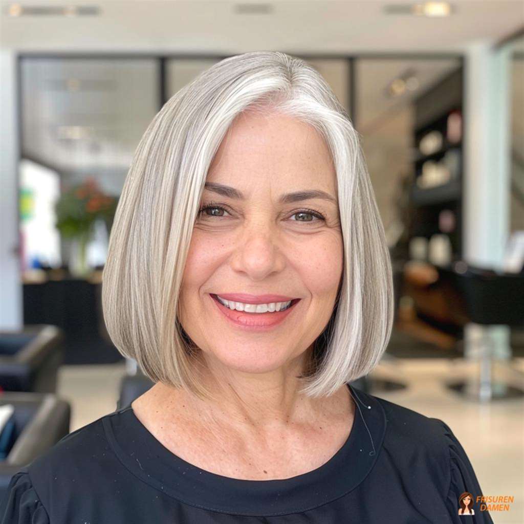 Gepflegter Silber-Bob für Frauen ab 50 mit feinem Haar, moderner Chic und klarer Frische-Effekt