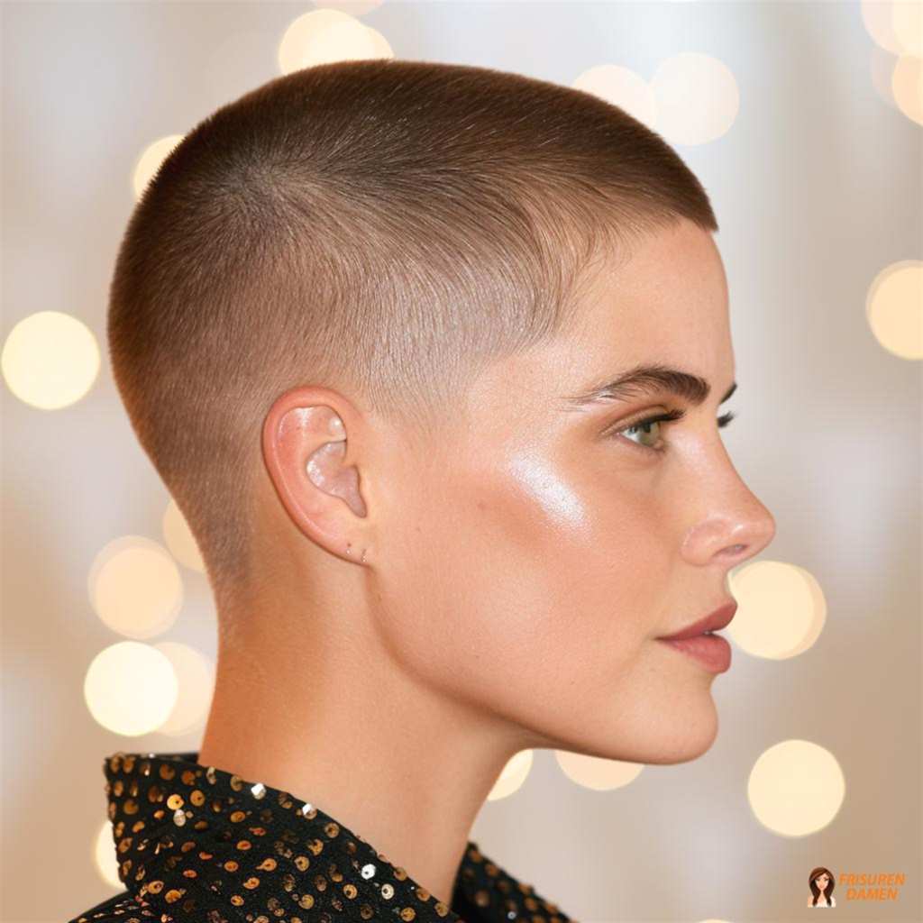 Glänzender Buzz Cut mit elegantem Finish für besondere Anlässe und Abendlooks