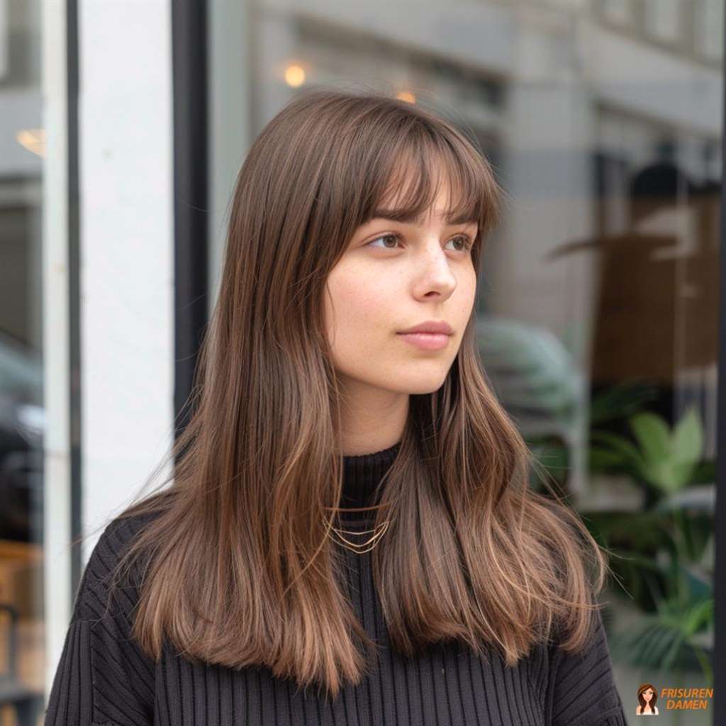 Braune Haarfarbe für Frauen mit glattem Styling, Pony und edler, klarer Ausstrahlung