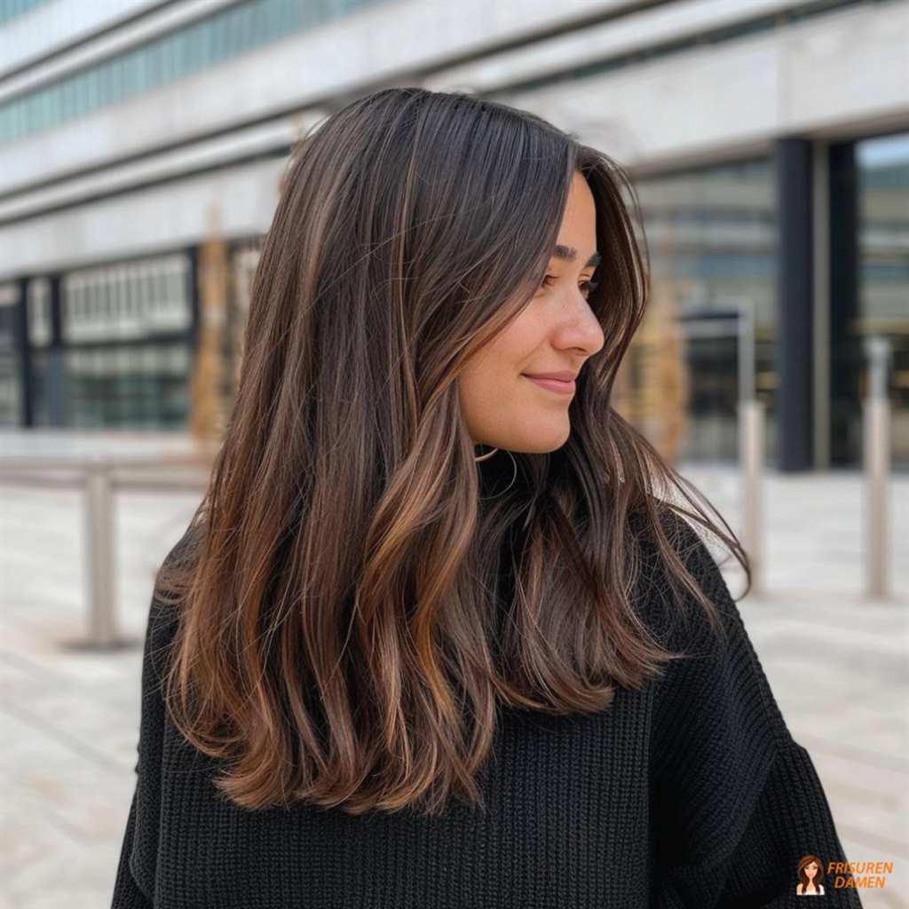 Braune Haarfarbe für Frauen mit glattem Haar und dezenten Highlights für mehr Tiefe und Glanz