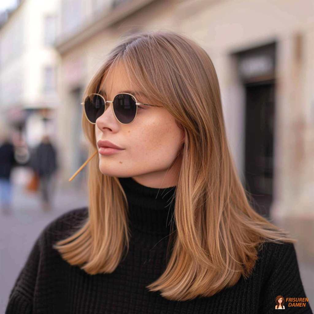 Kastanienbraune Haarfarbe für Frauen mit glattem Haar, Pony und luxuriöser Ausstrahlung